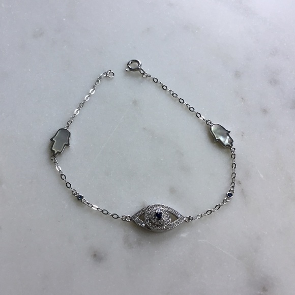 Sterling Silver CZ Evil Eye & MOP Hamsa Bracelet - Picture 13 of 13